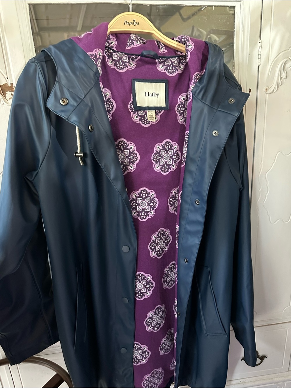 Hatley Navy Hooded Raincoat with Purple Floral Lining